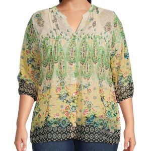 Fig and Flower Paisley Chiffom Pleated Top Small Petite EUC Floral Boho Sheer‎